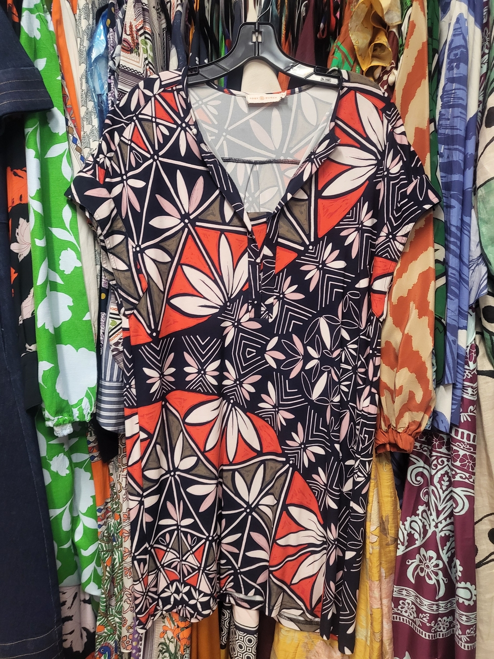 Tory Burch Navy, Coral & Cream Geometric Floral V-Neck Tunic